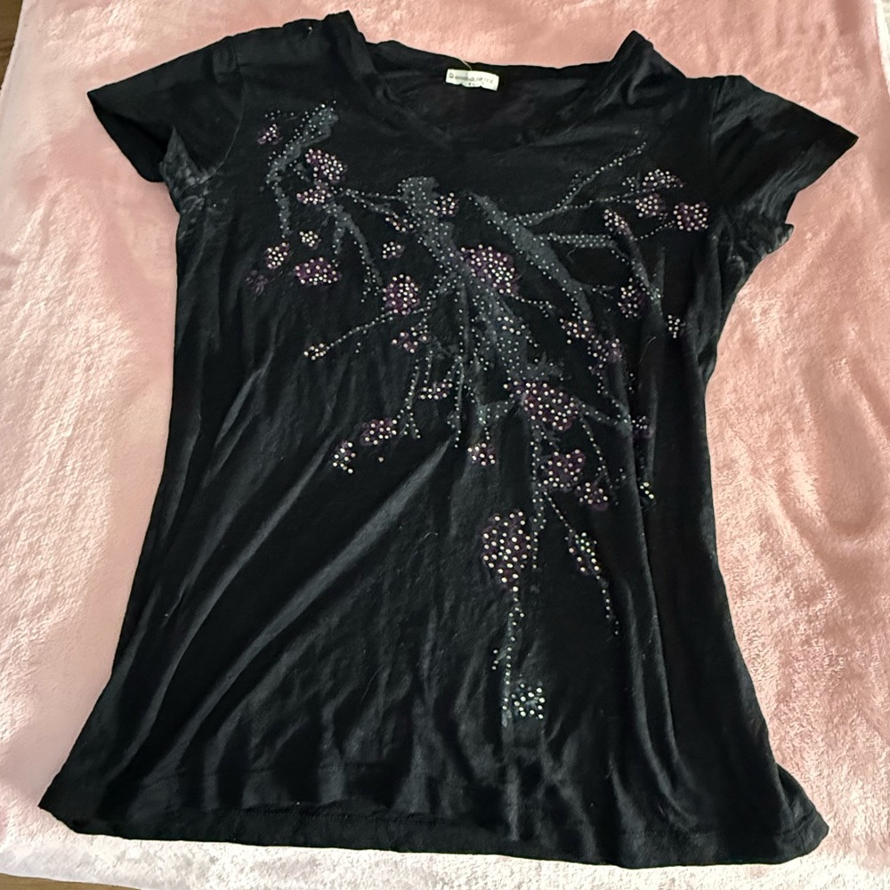Warehouse One Black & Purple Y2K Embellished Sheer Short Sleeve Tee